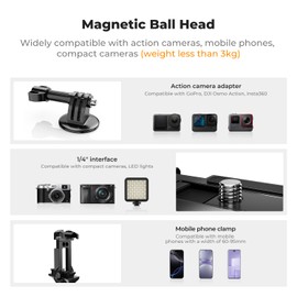K&F Concept Magnetic Camera Mount for GoPro, Strong Magnetic Mount with 360° Rotating Ball Head, Magnetic Holder, Smartphone Holder, Compatible with Action Camera, DJI OSMO Action, Insta360