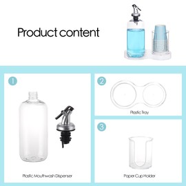 Tbestmax Plastic Mouthwash Dispenser with Cup Holder, Clear Mouth Wash Pump Bottle with Tray for Bathroom Organizers, 16oz Refillable Mouthwash Container