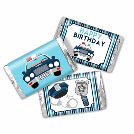 Police Officer Cop Birthday Party Miniature Chocolate Candy Bar Sticker Wrappers for Kids, 45 Wrap Around Labels Sized 1.4" x 2.6" by AmandaCreation, Great for Party Favors & Goodie Bags