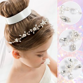 Sibba Flower Girl Headpiece Silver Wedding Headband Pearl Hair Accessory Princess Crystal Head Wear Women White Rhinestones Hairbands Bridal Hair Hoop for Birthday Party First Communion