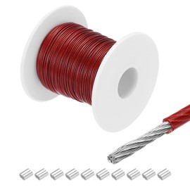 MECCANIXITY 100Ft(30M) Wire Rope 304 Stainless Steel Cable 5/64"(2mm) Vinyl Coated with 10Pcs Aluminum Sleeves for Hanging, Clotheslines, Lifting Red