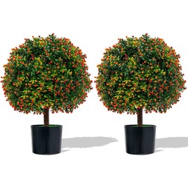 SAFEPLUS 22" Artificial Boxwood Topiary Ball Tree, 2 Pack Faux Potted Plants Artificial Shrubs Bushes with Orange Fruits for Indoor Outdoor