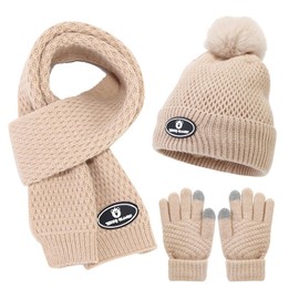 Mskikefly Knit Hat, Gloves, Scarf, 3-Piece Set, Kids, Toddler, Kids, 2-6 Years, Fluffy, Warm Hat, Neck Warmer, Set for Boys, Girls, Christmas, Birthday, Gift, Celebration, Cold and Windproof, Khaki
