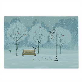 Ambesonne Christmas Cutting Board, Snow Falling in the Park on a Cold Winter Day Birds Xmas Season Theme Picture, Decorative Tempered Glass Cutting and Serving Board, Large Size, White and Blue