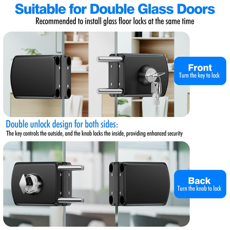 Ranbo Frameless Double-Sided Glass Door Lock,Clamp-On No-Drill,304 Stainless Steel,for 3/8"–1/2"
