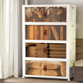 Stackable Storage Bins with Lids, Collapsible Plastic Storage Bins for Closets, 78 Quart Organizers and Storage with Doors and Wheels, Thicken and Large Storage Cabinet for Home Bedroom(78QT, 4Pack)