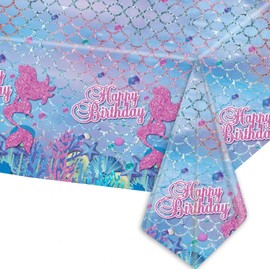 COSORO 137 * 274cm Mermaid Table Cloth Party for Girls,Blue Purple Little Mermaid Table Cover Plastic Tablecloths,Mermaid PartyTablecloth for Kids Birthday Mermaid Themed Party Table Decorations
