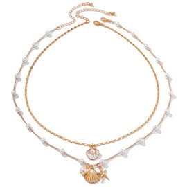 Bohemian Puka Shell Necklace,Ocean Style Metal Alloy Starfish Shell Necklace Set, Women's Imitation Pearl Layered Chain Necklace, Summer Beach Holiday Surfer Jewelry (Necklace * 2)