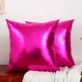 LiiZee Pack of 2 Decorative Throw Pillow Covers Modern Metallic Shiny Cushion Cover, Faux Leather Soft Square Pillowcase for Sofa/Bed/Party, 18 x 18 Inch Hot Pink