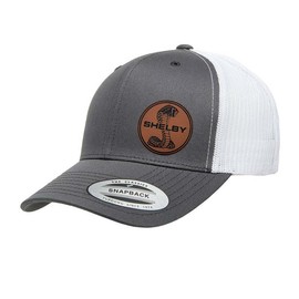 Shelby Cobra Mustang GT350 GT500 Circle Logo Leather Side Panel Patch YP 6606 Snapback Trucker Fitted Cap Grey/White