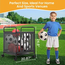 Ball Storage Bin Rolling Storage Cart Metal Ball Bin with Lockable Wheels, Basketball Rack for Garages, Playgroup, Gym and Schools, Garage Sports Equipment Organizer.(Black)