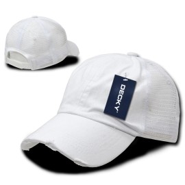 Decky Distressed Mesh Cap - White, Washed Cotton Trucker Hat (Decky 110-WHT)