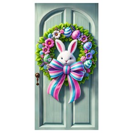 BlissYard Easter Bunny Door Banner 71x35 Inch Easter Bunny Door Cover Wreath Egg Easter Door Banner Accessory Hanging Banner Sign Decoration for Happy Easter Party Favors（Banner,Not a Real Wreath）