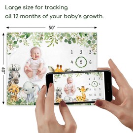 Yuzioey Safari Animals Milestone Blanket, Jungle Baby Growth Chart Monthly Blanket, Watch Me Grow Jungle Wild Baby Nursery for New Moms Baby Shower(50"x40")