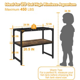 Mondazie 20 Gallon High Rimless Fish Tank Stand with Shelf for Storage, 2 Tiers Metal Aquarium Stand, Breeder Tank Turtle Reptile Terrariums Stand Rack for Home Office, 24" L x 12" W x 20.5" H, Black