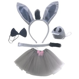 EMEISAN Grey Donkey Fancy Costume set Ears Headband Nose Tail Bow Tie Paws Tutu Skirt Animal Cosplay Outfit Theme Party Accessories (With skirt)