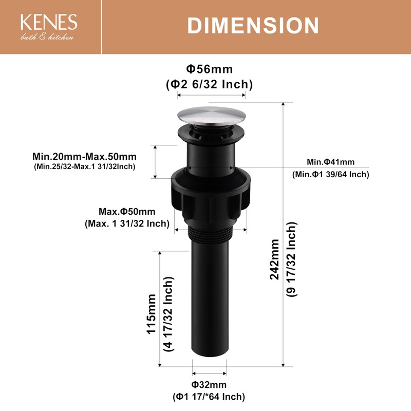 KENES Bathroom Vessel Sink Pop Up Drain Without Overflow Assembly,