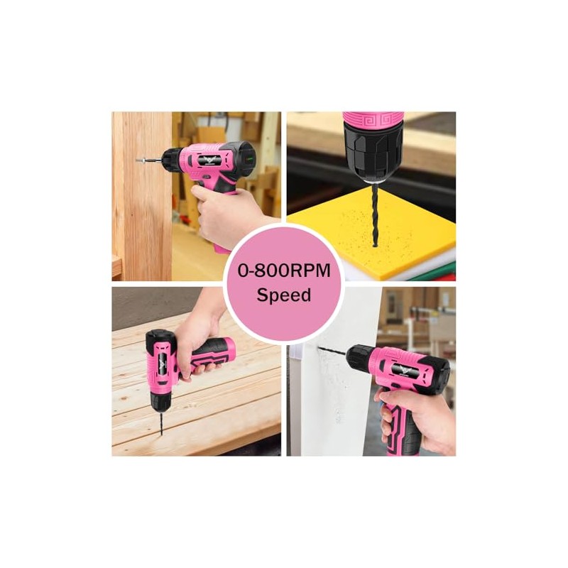 JENABOM 127-Piece Home Tool Set with 8V Pink Cordless Drill