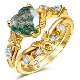 JIARUI Natural Moss Agate Ring 925 Sterling Silver Green Moss Agate Ring Inlay 14K platinum Ring Plated Engagement Wedding Jewelry Gift for Women Ring Set Fit Size 6