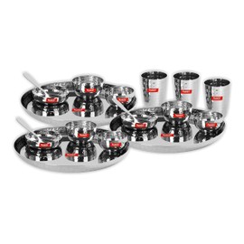 Sumeet Stainless Steel Handcrafted Hammered Texture Heavy Gauge Mirror Finish Royal Dinner set of 18 Pcs (3 Plate, 3 Small Halwa Plate, 3 Big Bowl/Wati, 3 Small Bowl/Wati, 3 Glass, 3 Spoon)