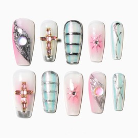 Sun&Beam Nails Handmade Press-on Medium Long Coffin Ballerina Pink Sliver Aurora Rhinestone Y2K Design False Nail Tips 10 Pcs (#137 L)