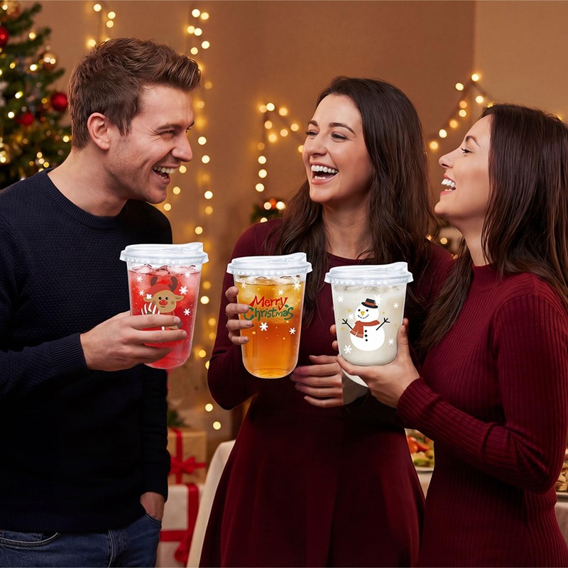 Xuelimei 16oz Christmas Disposable Plastic Cups with Strawless Sip Lids-Xmas