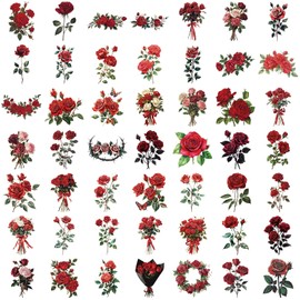 Pack of 50 Red Rose Stickers Pack Red Rose Transparent Sticker Set Waterproof Vinyl Stickers for Laptop Children Cars Motorcycle Bicycle Skateboard Luggage Suitcase Computer Sticker Graffiti Decal