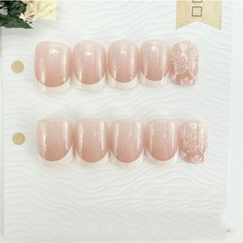 Fall Press on Nails Short Square Fake Nails White French Tip Stick on Nail Reusable Maple Leaf Acrylic Nails Autumn False Nail with Nude Pink Design Artificial Glue on Nail for Women Manicure Salon