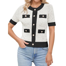 LCXWFE Womens Cropped Short Sleeve Cardigan Sweaters Crew Neck Button Down Tweed Cardigans Knitwear Tops with Pockets White