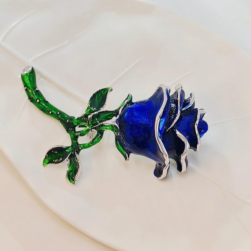 DREAMLANDSALES Vintage Royal Blue Enamel Rose Brooch Pin Winter Holiday