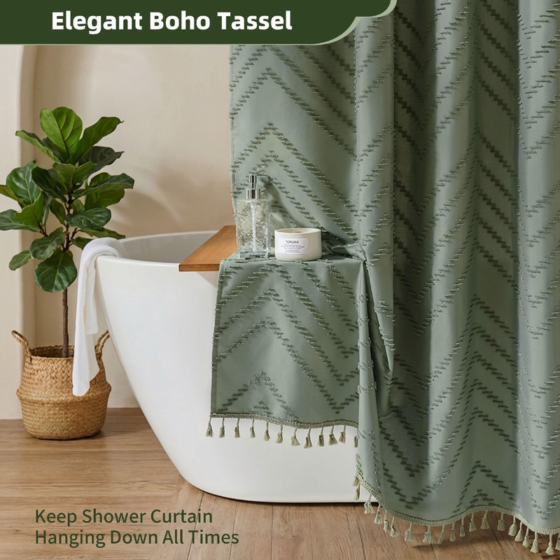Siiluminisoy Extra Long Sage Green Boho Shower Curtain with Tassel,