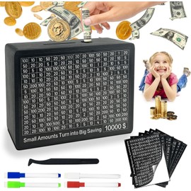 Lukinuo Cash Saver Box Wooden Money Saving Box Black One Piece Cash Vault with 10000 5000 3000 2000 1000 500 Money Saving Target Wooden Cash Vault with Counter Reusable Money Box for Boys Girls Adult