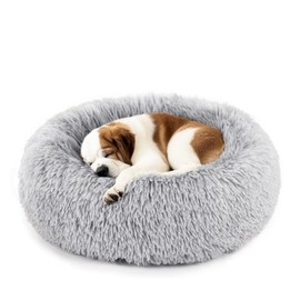 DUMOS Calming Donut Cat & Dog Bed for Medium Dogs, Machine Washable Cuddle Warming Cozy Fluffy Faux Fur Plush Round Dog Bed, Anti-Anxiety Waterproof Anti-Slip Pet Bed, Grey, 24×24×8 Inches