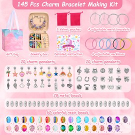 LifeisLuck Charm Bracelet Making Kit, 140 PCS DIY Craft Bead Sets Jewelry Making Kit, Portable Bracelet Organizer Gift Box for Teenage Birthday Christmas Stocking White Elephant Gift Exhange