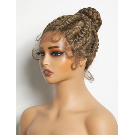 GORGIUS Updo Braided Wigs Honey Brown Braiding Cornrow Bun Wig Pre Handmade Highlight Synthetic Lace Front Wig with Baby Hair Natural Hairline Braids Wig For Women