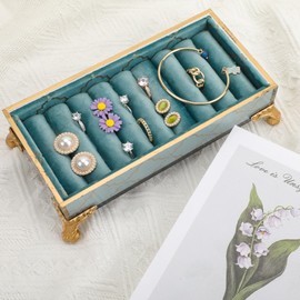 SQIKUQK Vintage Velvet Slots Ring Holder for Jewelry Organizer, Ring Display Stand for Selling, Felt Ring Jewelry Earring Necklace Bracelet Tray Showcase (Pink with Pressed Pattern)