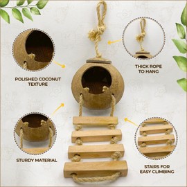 Favozio Hermit Crab, Hamster Coconut Cave Hide with Ladder, Reptile & Snake Natural Coco Shell Hut Hideout, Gerbils Mice Small Animals House Pet Cage Habitat Decor, with Sticky Wall & Carabiner Hook
