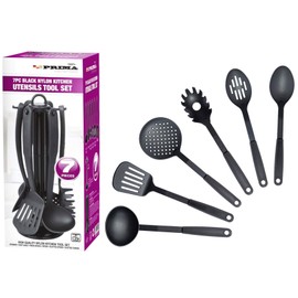 7 x Black Nylon Kitchen Cooking Tool Set Non-Stick Kitchenware Cookware Prima Utensils Cutlery Heat Resistant Home Chef, Soup Ladle, Spoon, Strainer, Pasta, Slotted Turner, Holder UK Free P&P