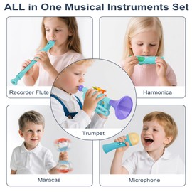 Musical Toys for 2 3 Year Old Boy Girl Birthday Gifts, 5 in 1 Montessori Musical Instruments for Toddlers 2-4 with Trumpet/Microphone/Flute/Harmonica, Preschool Learning Toys for Baby 18+ Months
