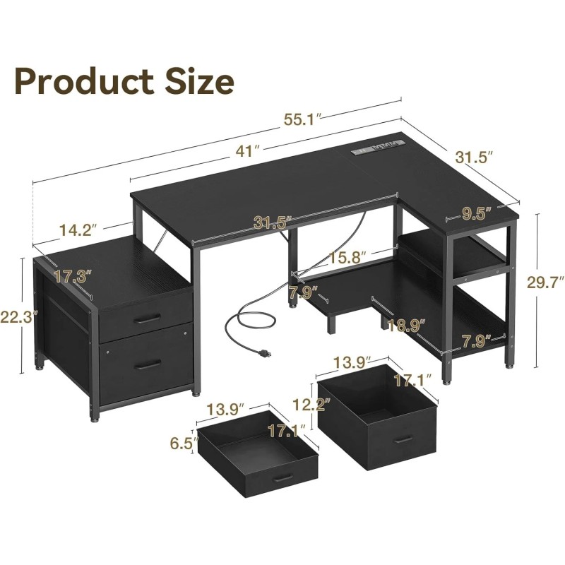 Casaottima L Shaped Desk with Drawers & File Cabinet, 55