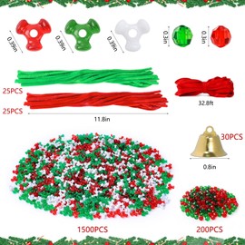 YBB 1780 Pcs Christmas Tri-Shaped Beads Ornament Kit with 30 Golden Bells 50 Chenille Stems and 10m Red Ribbon for Christmas Tree Candy Cane Wreath DIY Hanging Decoration