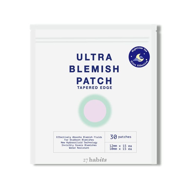27 habits ULTRA BLEMISH PATCH NIGHTTIME USE TAPERED EDGE (30 patches) - Protects and Covers Blemish, Made with Eco-Friendly Packaging, and Cruelty Free, Fast Adsorbing Hydrocolloid, Tempered edge