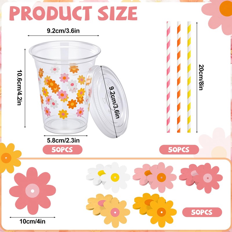 50 Sets 12oz Groovy Daisy Disposable Cups Set