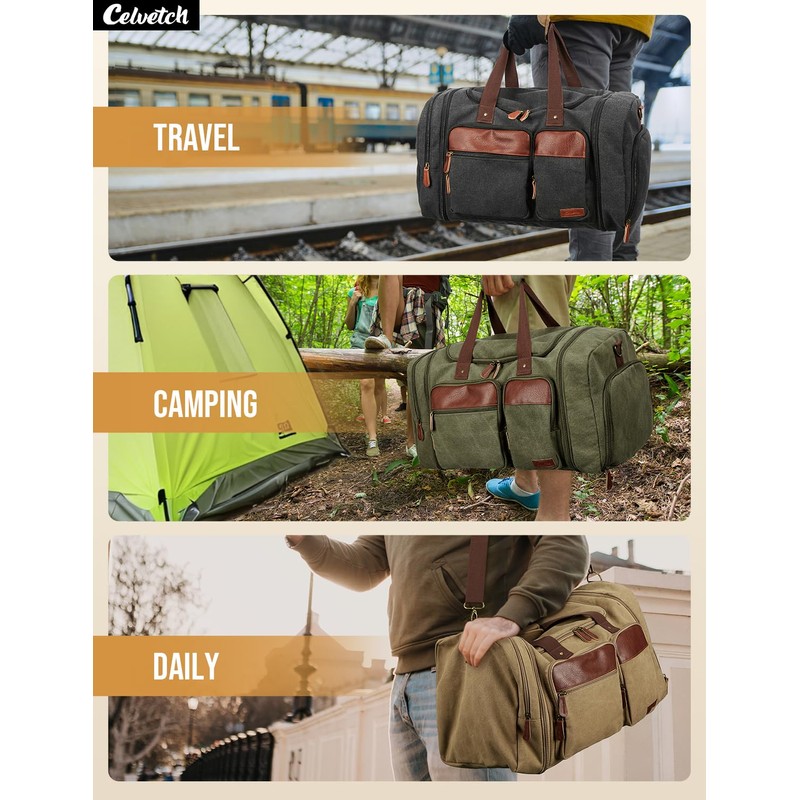 Celvetch Canvas Duffle Bag for Travel 50L Expandable Travel Duffel