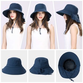 Comhats Womens Sun Hats UPF 50+ Ladies Sun Hat Foldable Wide Brim UV Cotton Safari Walking Gardening Bucket Hat with Neck Flap Small Navy