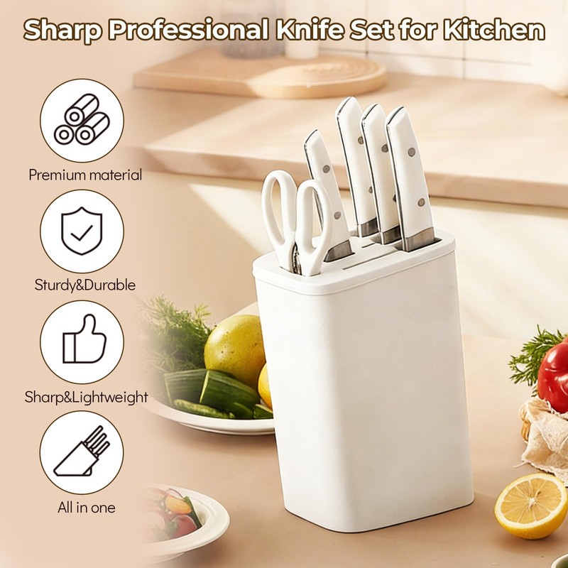 Knife Set, Kitchen Knife Set with Block, 6 Pieces Professional