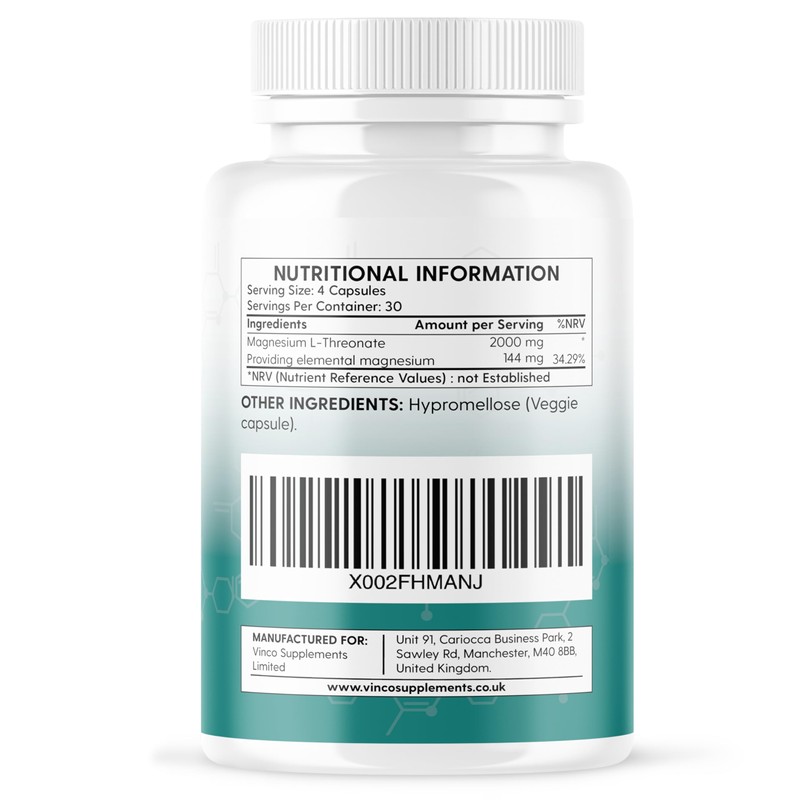 Vinco Magnesium L-Threonate Supplement - 120 High Strength Magnesium L