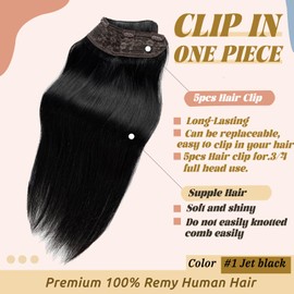 Black Clip in Hair Extensions Real Human Hair,#1 Jet Black 18inch Straight Clip in Hair Extensions Jet Black One Piece with 5 Clips 3/4 Full Head on Hair Extensions for Women