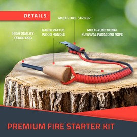 RKR OUTDOOR Ferro Rod Flint Fire Starter Kit with Handcrafted Wood Handle |5/16 inches Thick 12000+ Strikes |Survival Flint and Steel Rods with Multi-Tool Striker and Paracord Lanyard for Your Camping Gear