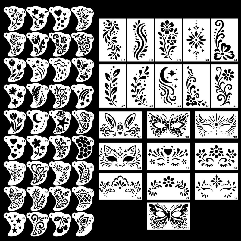 56pcs Face Paint Stencils, Reusable Body Facial Painting Templates